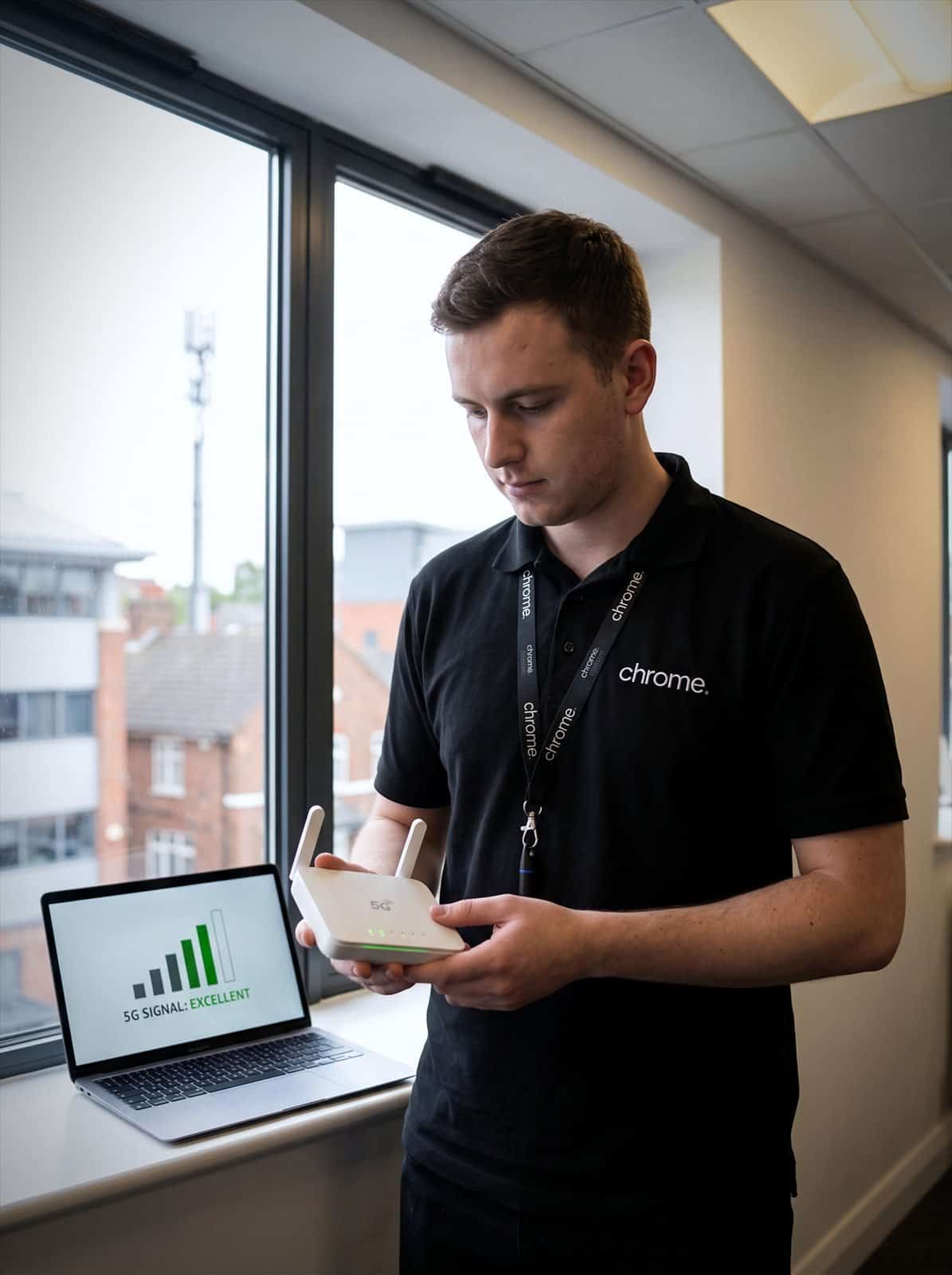 A Chrome Telecom engineer checks the status lights on a 5G router beside an office window