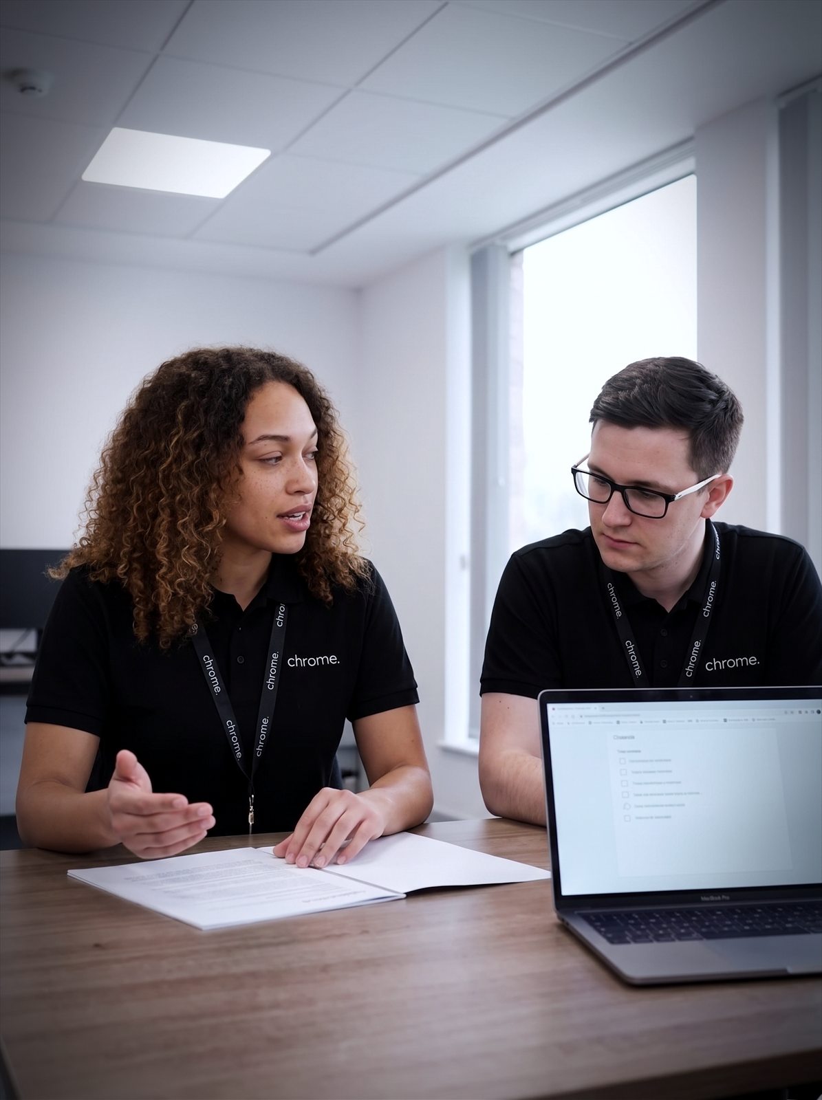 Two Chrome Telecom colleagues work through an AI policy document together at a meeting table