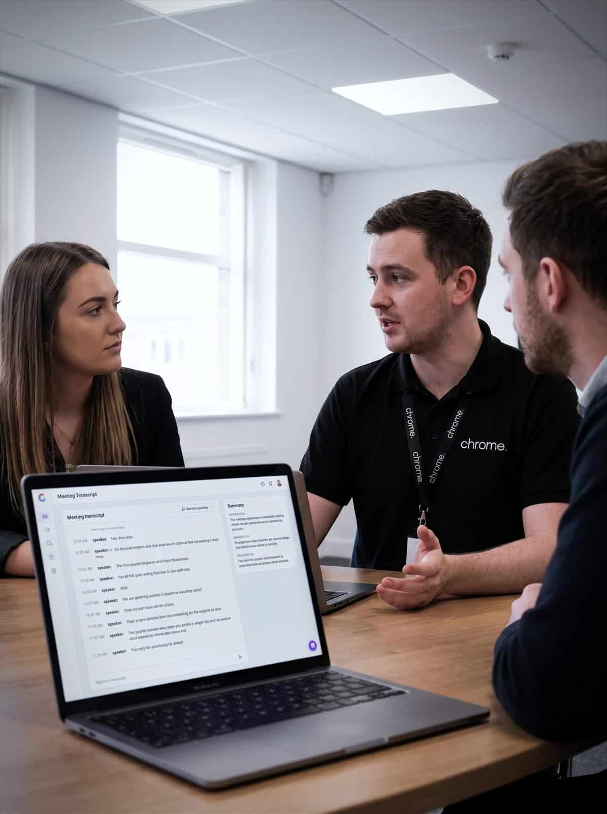 Colleagues talk in a meeting room while a laptop captures a live transcript and summary