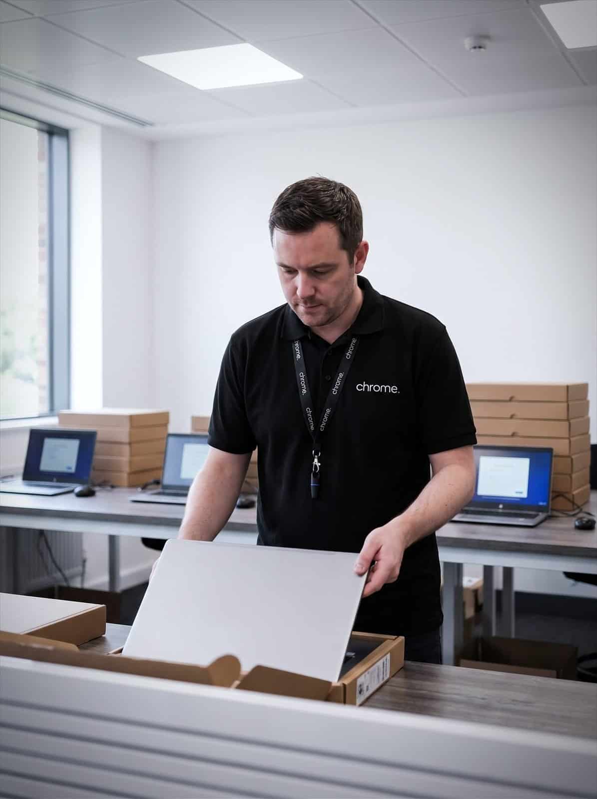 A Chrome Telecom engineer unpacks and builds new laptops at a workbench