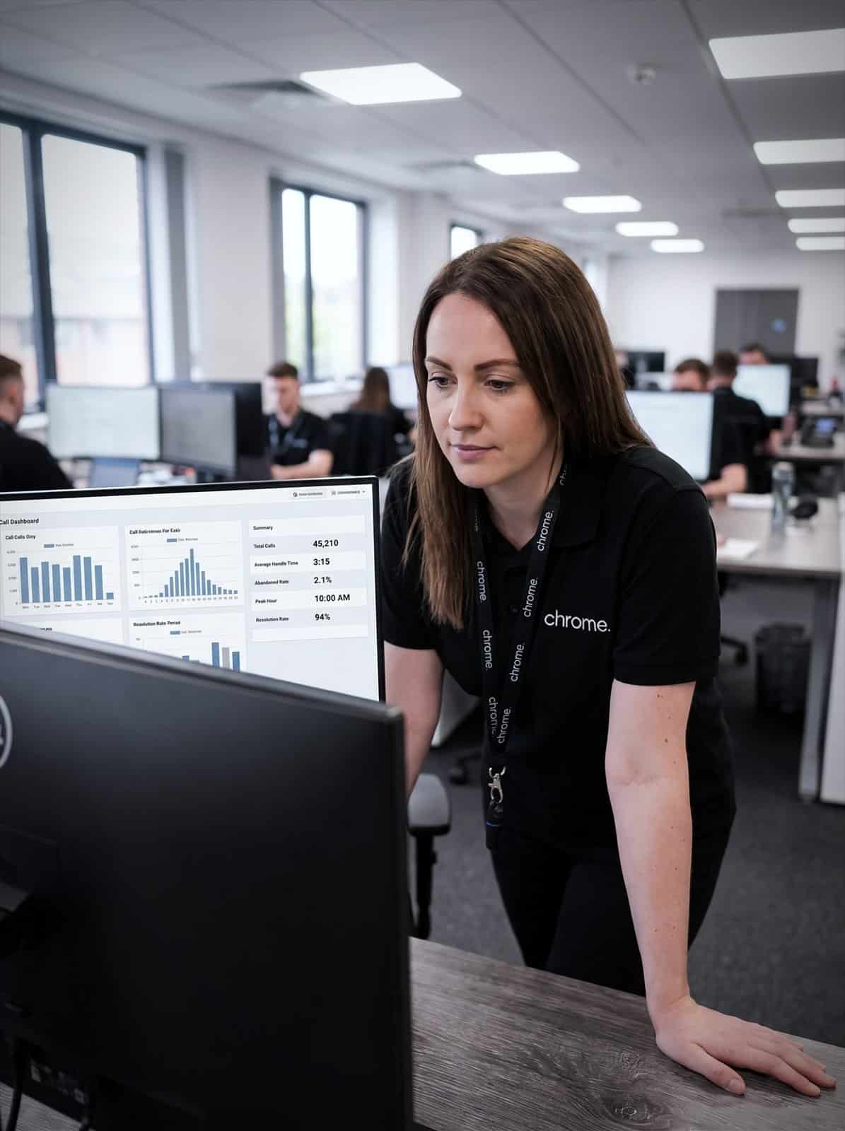 A Chrome Telecom colleague studies a call analytics report with charts and call volume figures