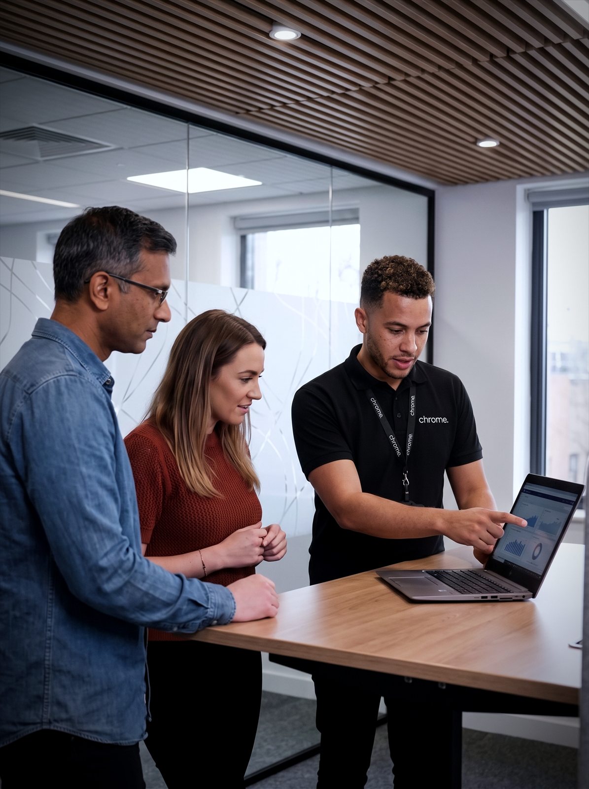 A Chrome Telecom colleague talks two business customers through a dashboard on a laptop at a standing desk