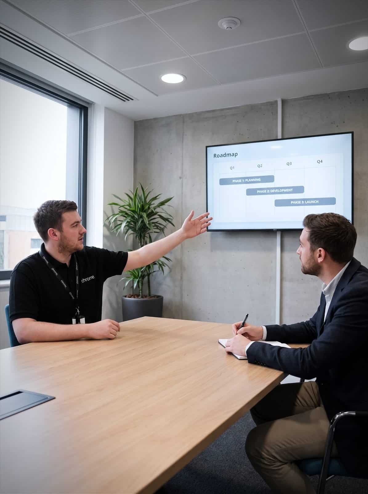 Two Chrome Telecom colleagues talk through a phased cloud roadmap shown on a meeting room screen