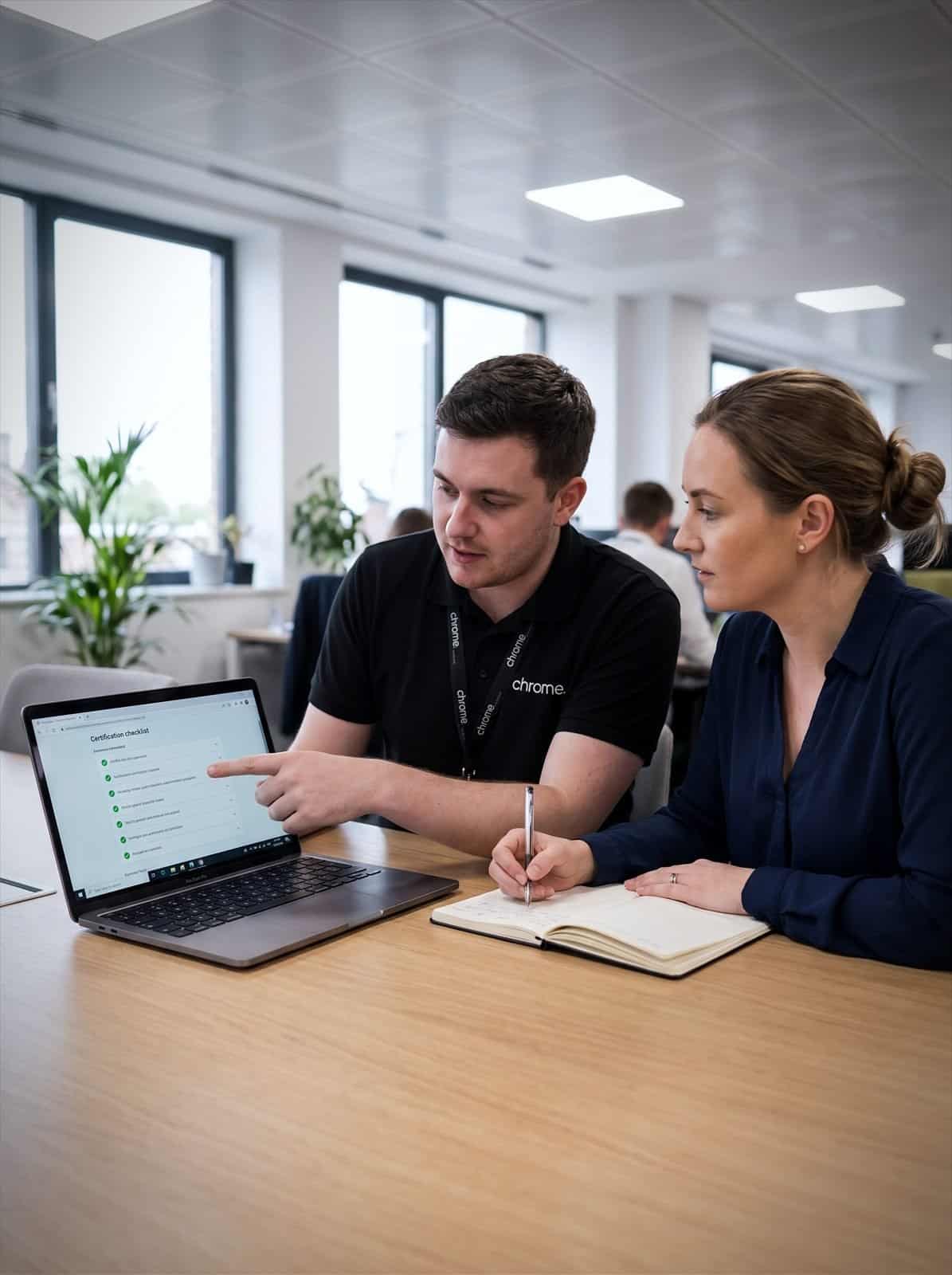 Two Chrome Telecom colleagues work through a Cyber Essentials certification checklist on a laptop
