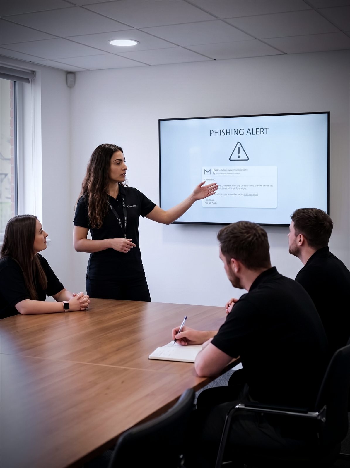 A Chrome Telecom trainer runs a security awareness session, showing a phishing email example on screen