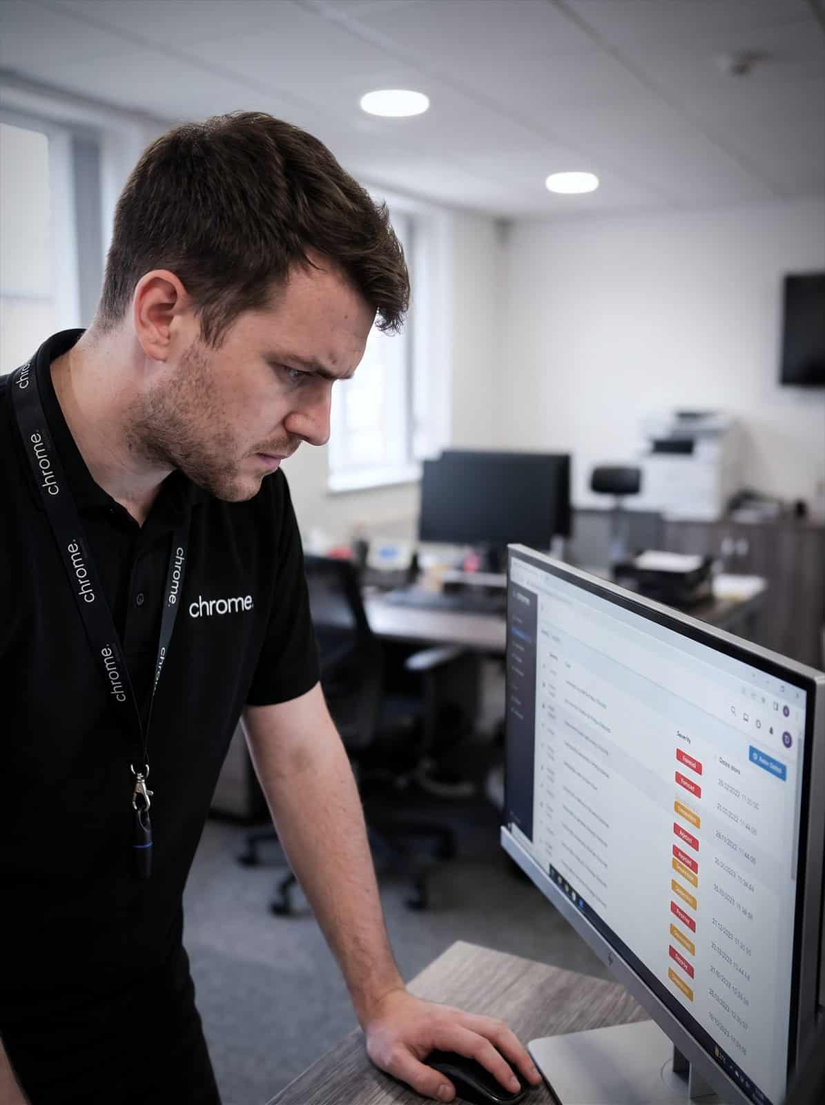 A Chrome Telecom analyst reads a list of credential exposure alerts with severity labels on screen