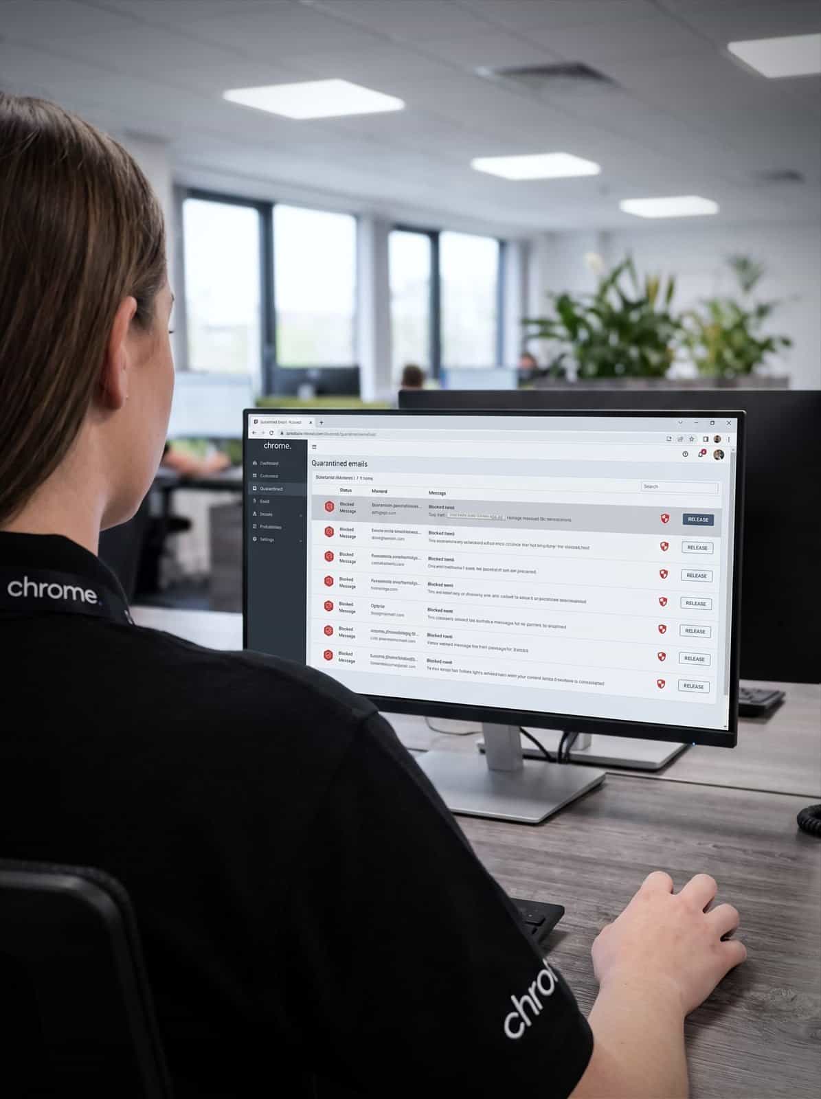 A Chrome Telecom colleague reviews a list of quarantined emails blocked by the mail filter