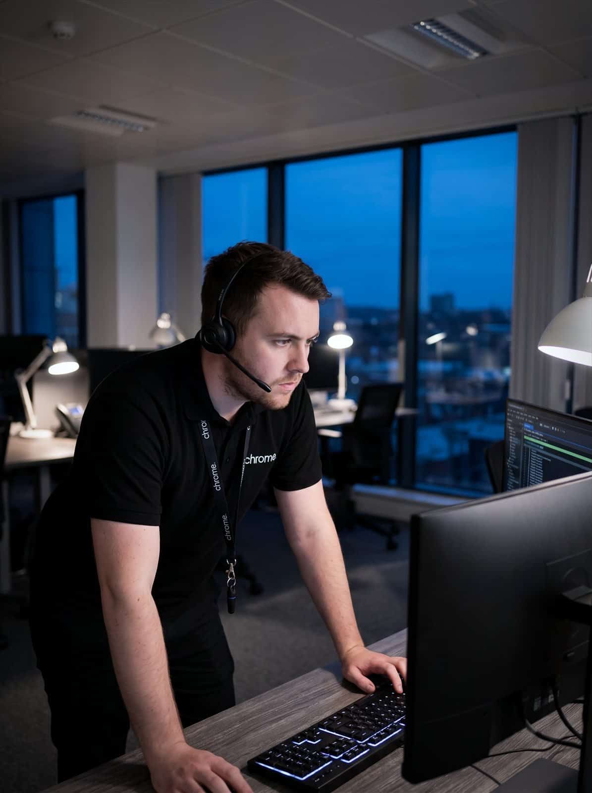 A Chrome Telecom engineer takes an urgent call in the office in the evening