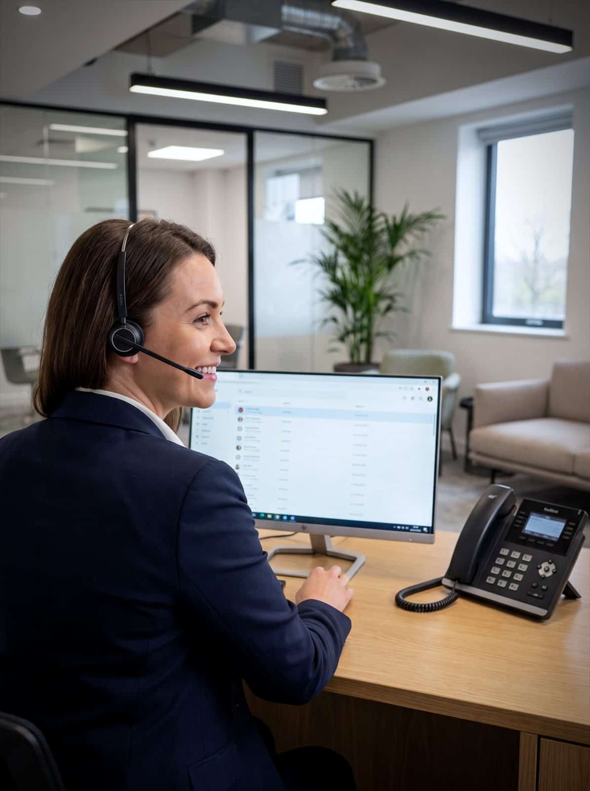 A receptionist takes a call at the front desk of a modern British office