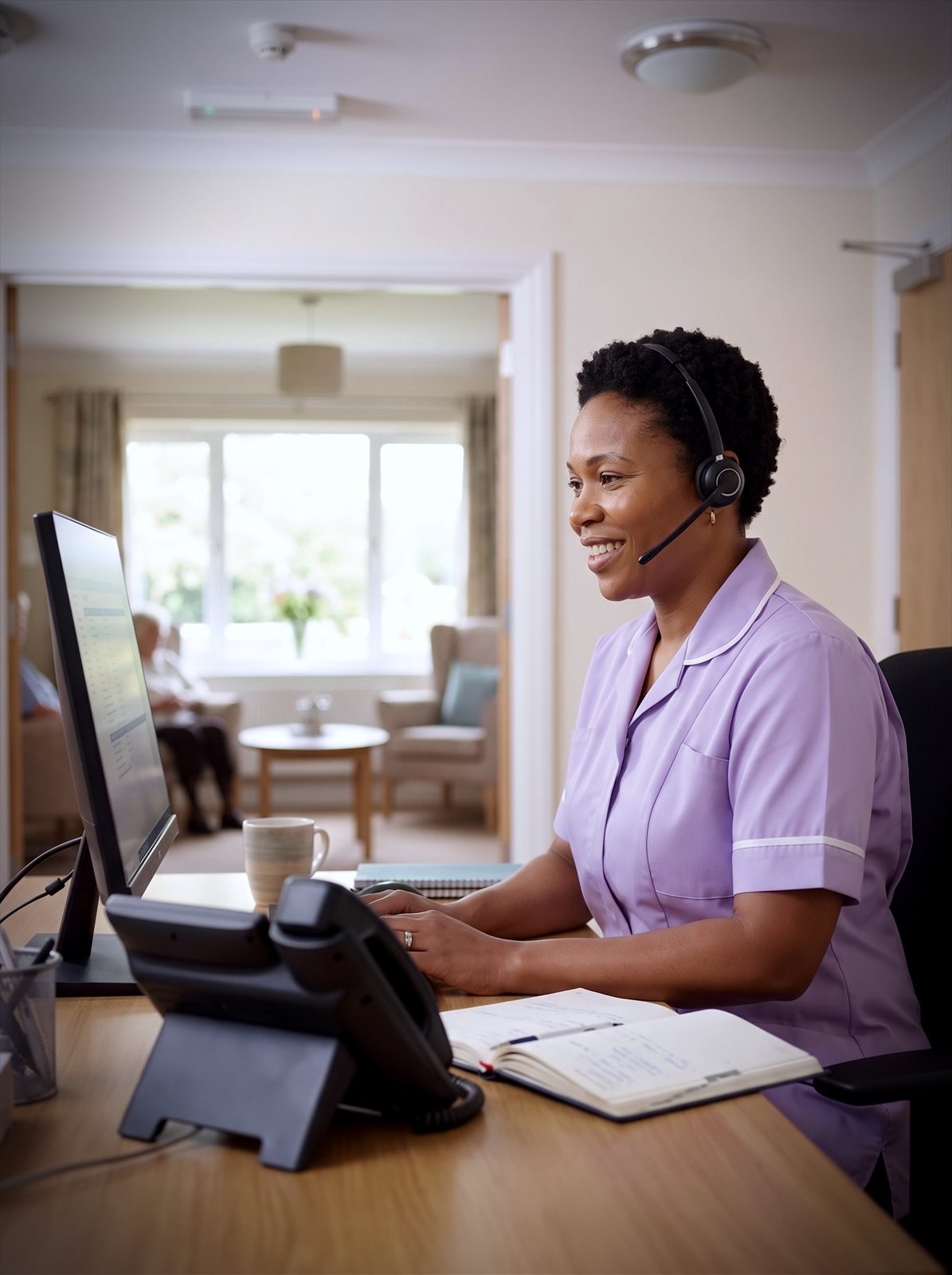 A care home manager takes a call from a family member in the home office