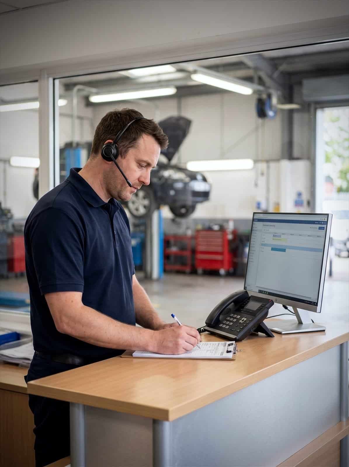A garage service advisor takes a booking call at the service counter