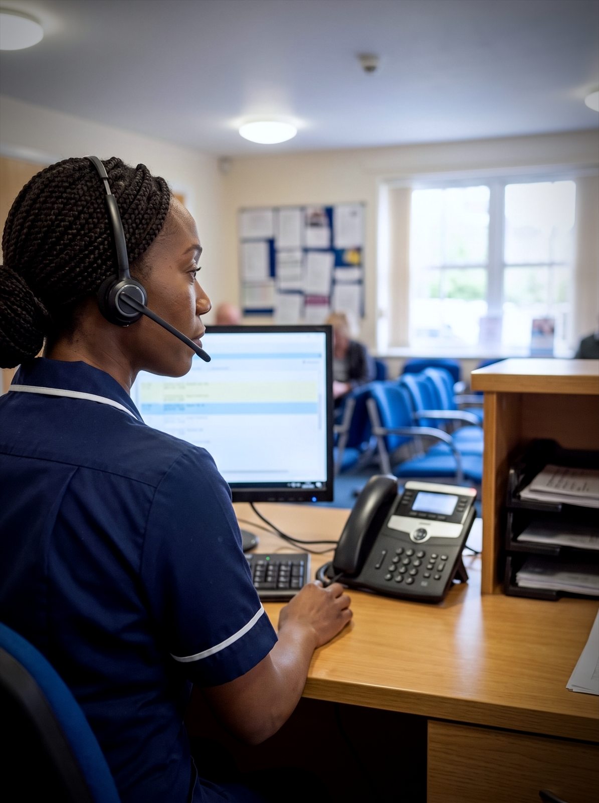 A GP surgery receptionist handles a patient call during the morning rush