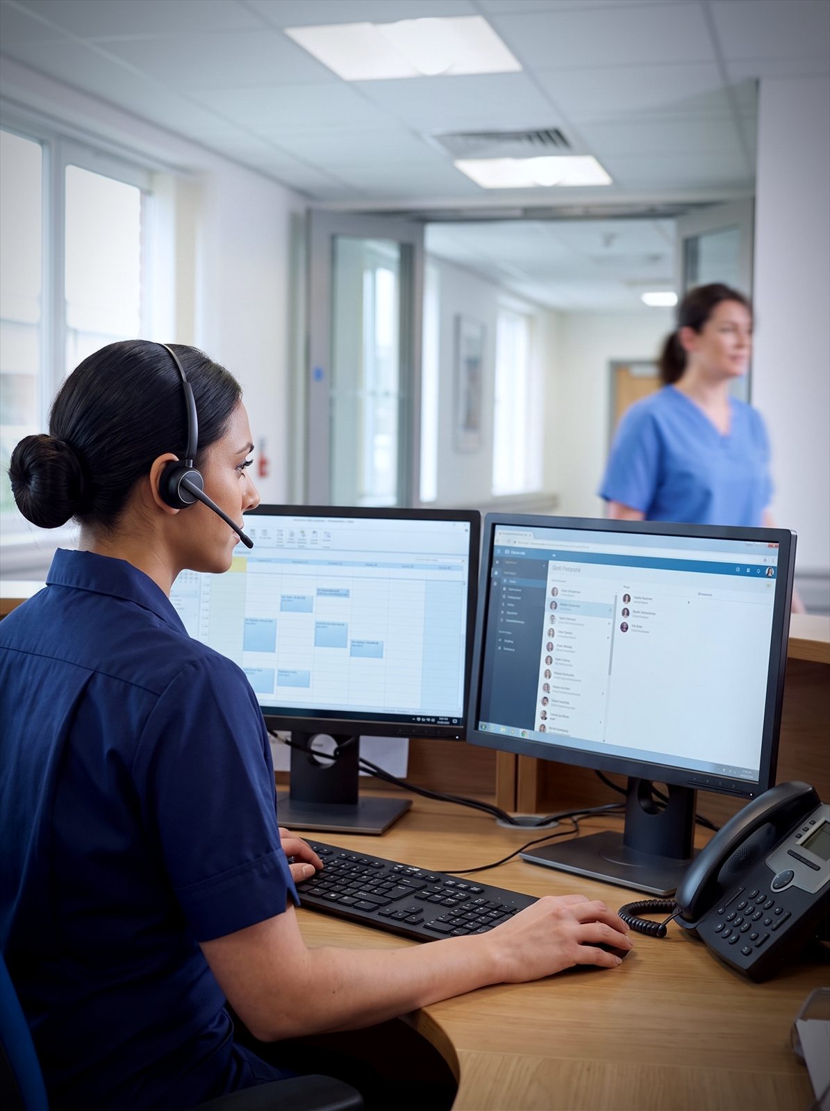 A patient services coordinator handles a call across two screens in a healthcare admin office
