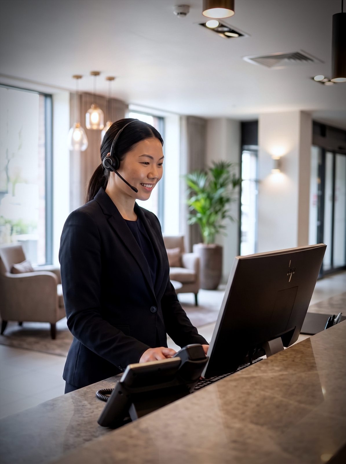 A hotel receptionist takes a booking call at the front desk