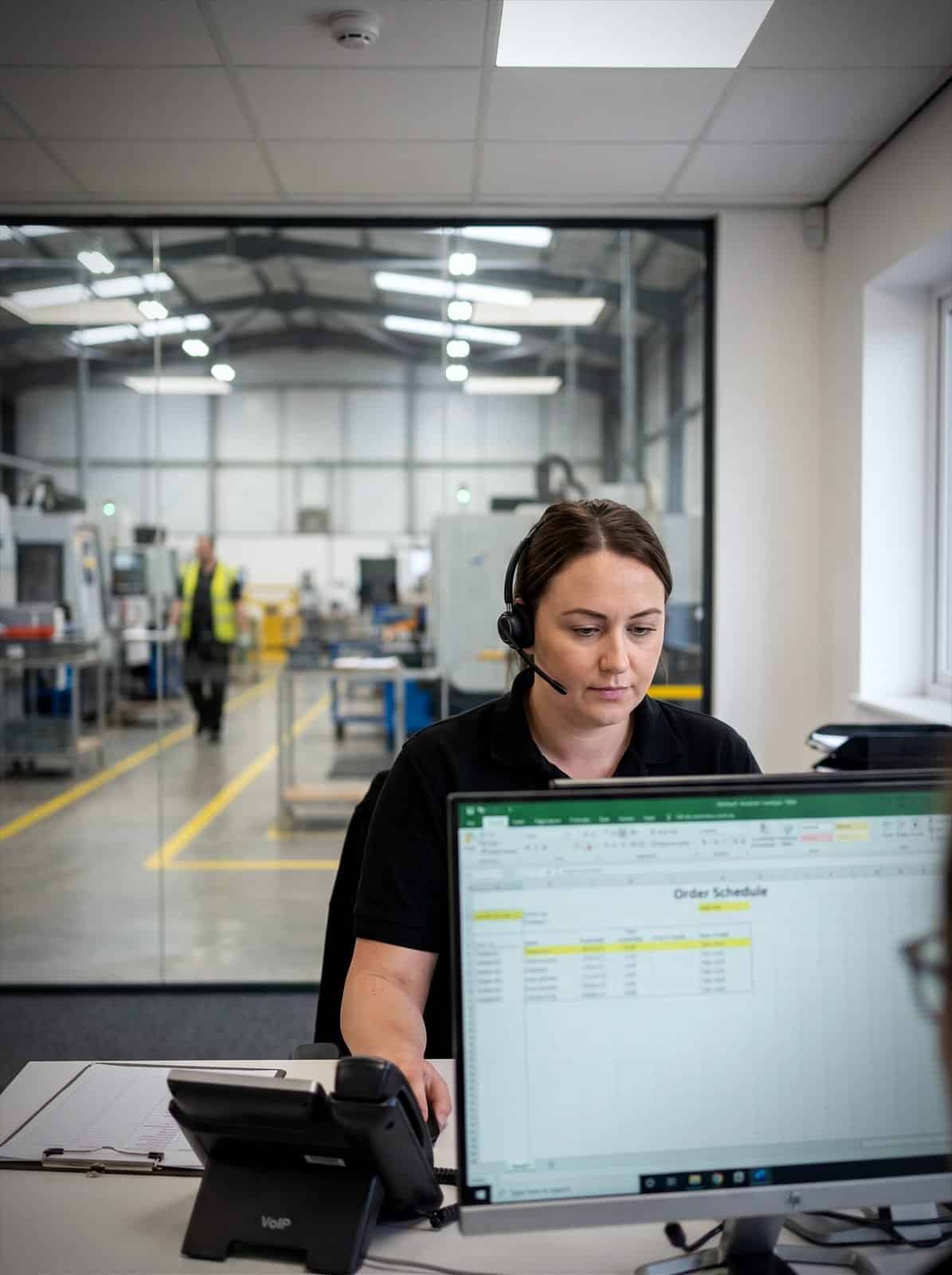 A production coordinator takes a supplier call in an office overlooking the factory floor