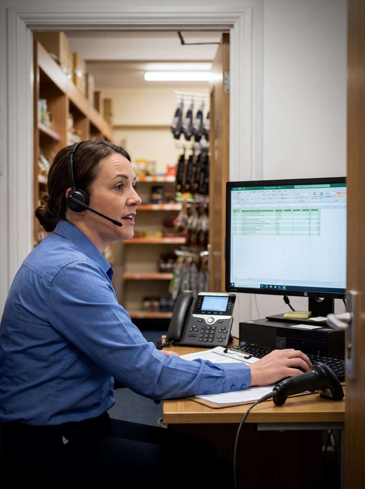 A store manager checks stock on a call from the shop back office