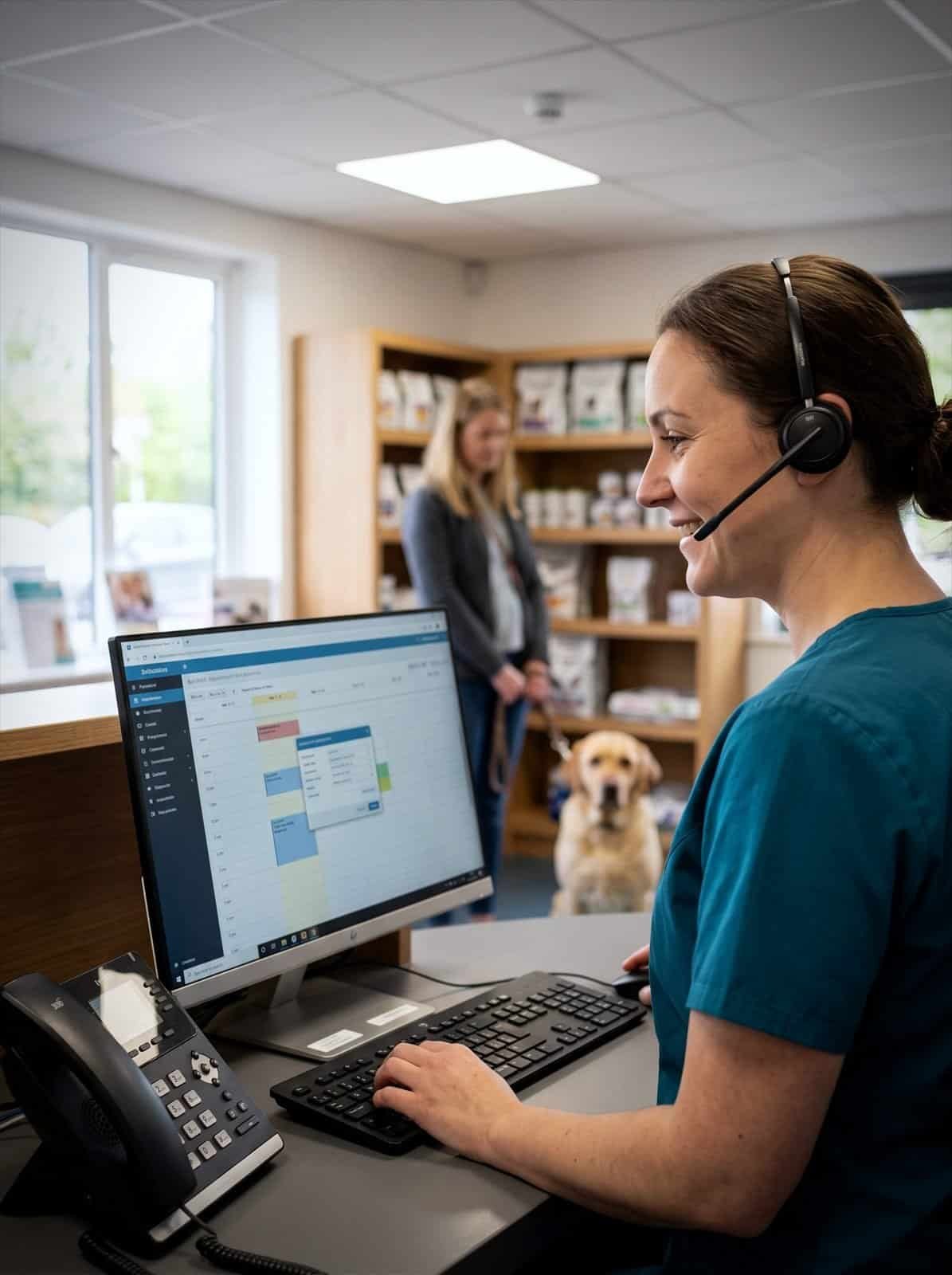 A veterinary receptionist books an appointment while a client waits with their dog