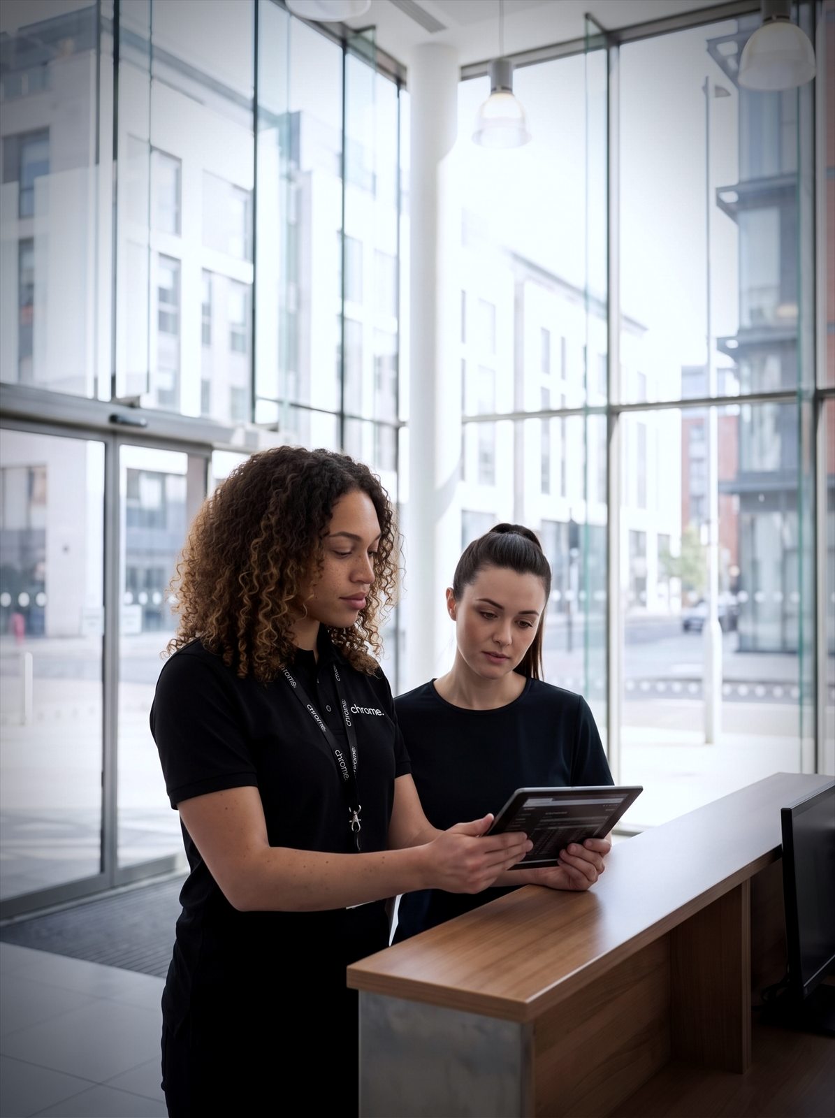 A Chrome Telecom advisor showing a customer something on a tablet at an office in Southampton