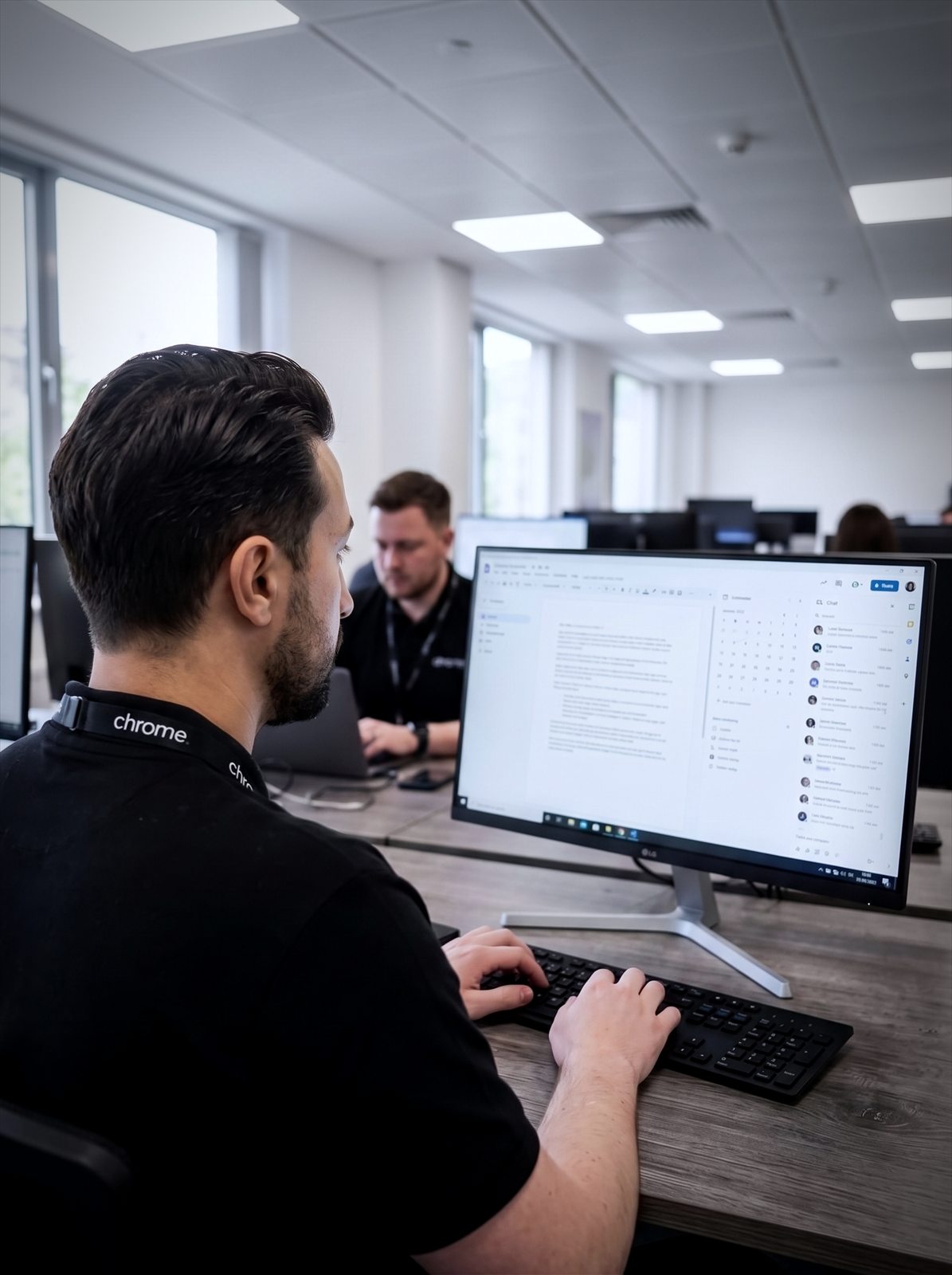 A Chrome Telecom colleague works across documents, calendar and chat in a productivity suite