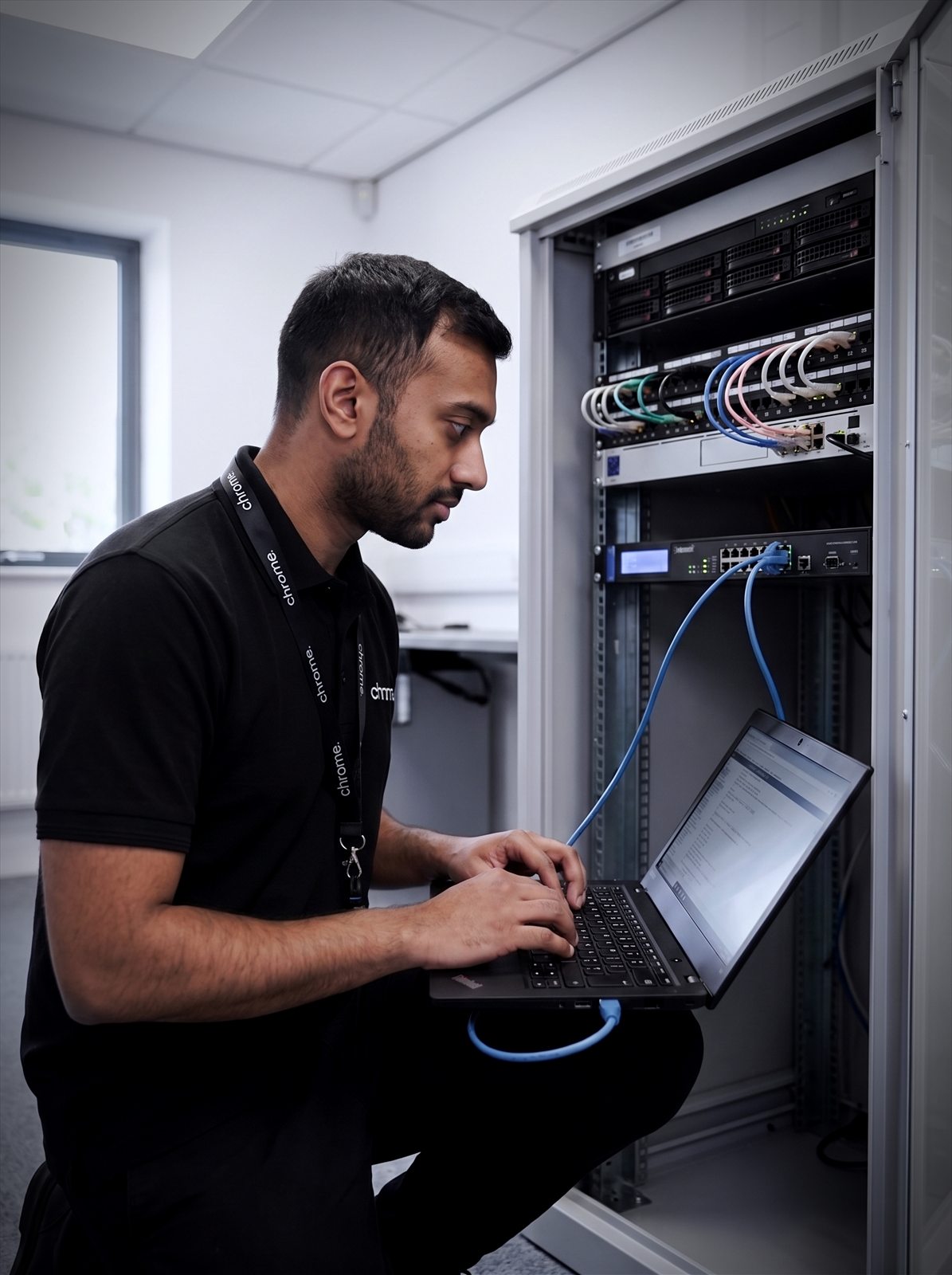 A Chrome Telecom engineer configures a rack-mounted firewall from a laptop at the network cabinet