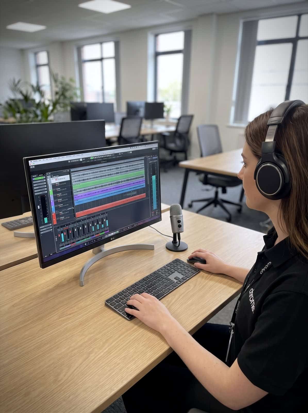 A Chrome Telecom colleague in headphones reviews an audio waveform timeline while producing on-hold messaging