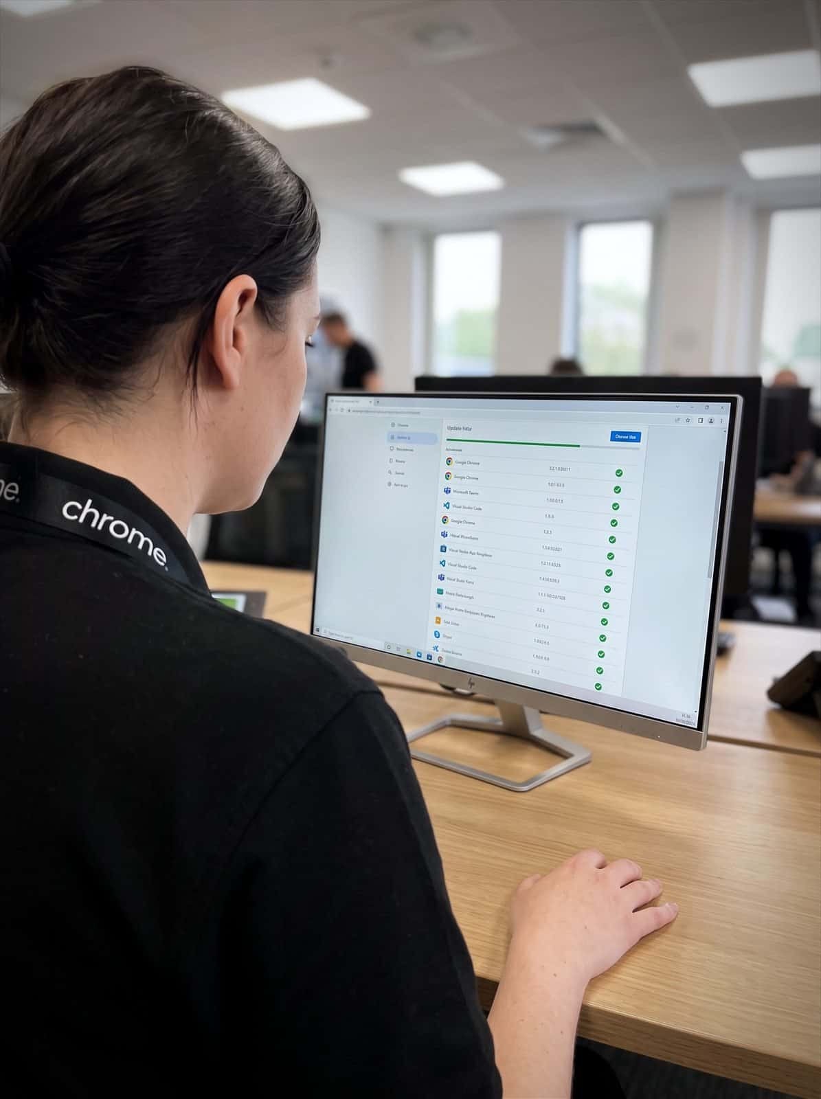 A Chrome Telecom colleague reviews a software update list showing applied patches and version numbers