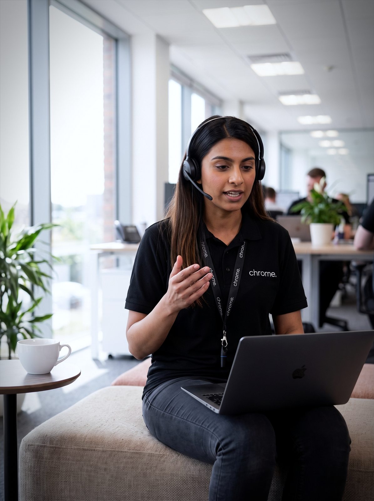 A Chrome Telecom colleague works from a breakout area on a laptop, on a video call with a headset