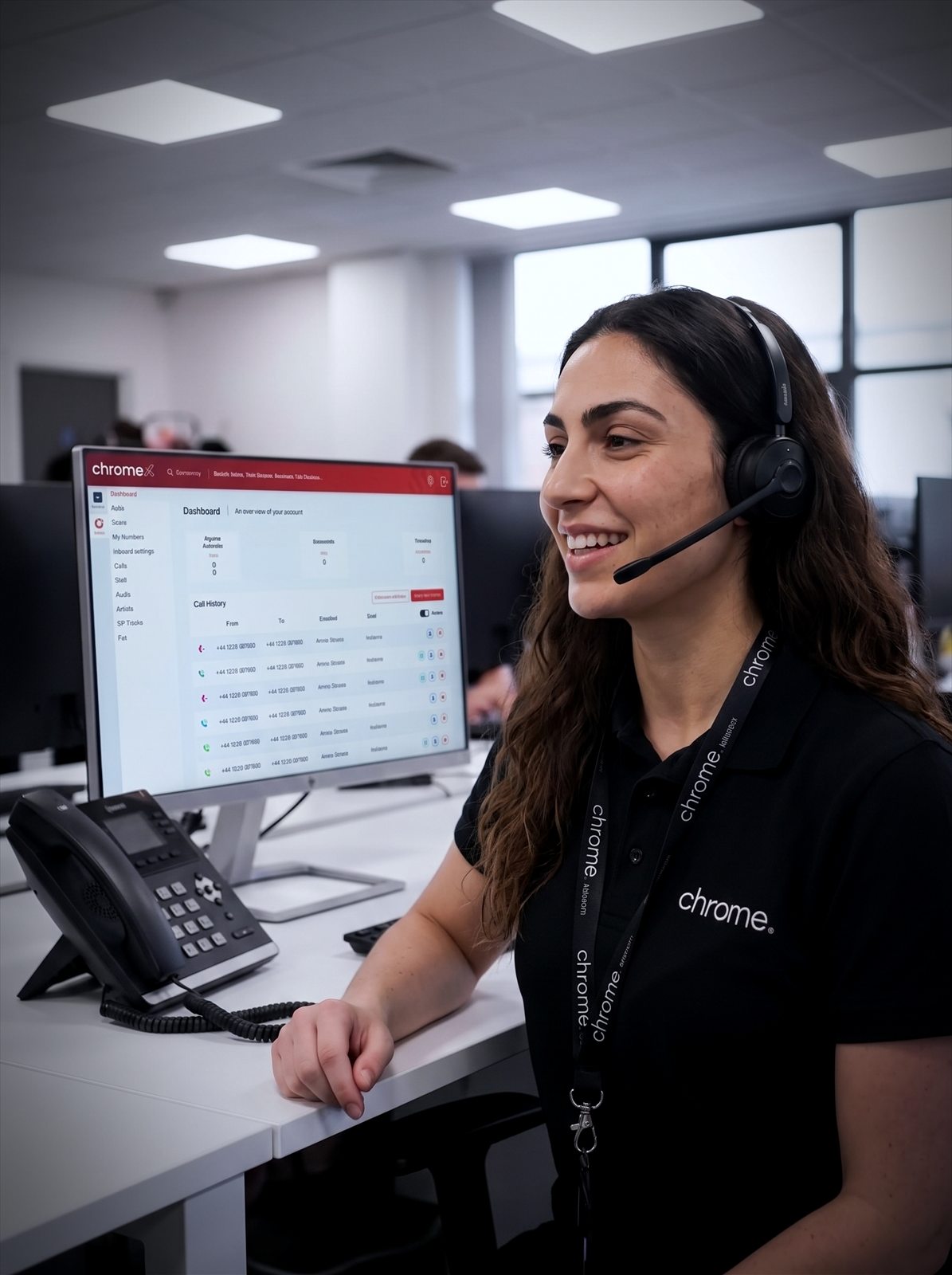 A Chrome Telecom advisor wearing a headset takes a call at her desk, the chromeX call dashboard open on her monitor