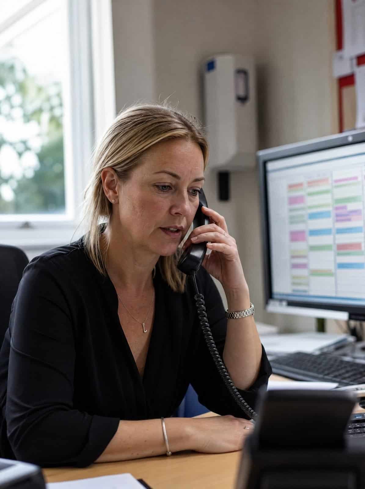 A care home manager takes a call in the office