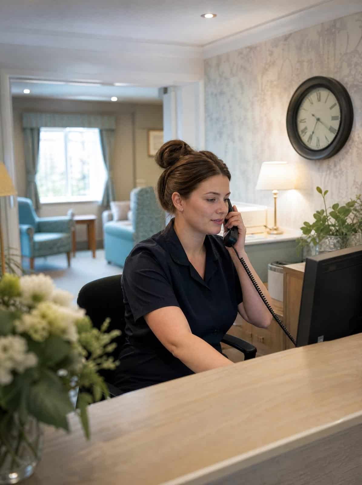 A care home receptionist answers a call at the welcome desk