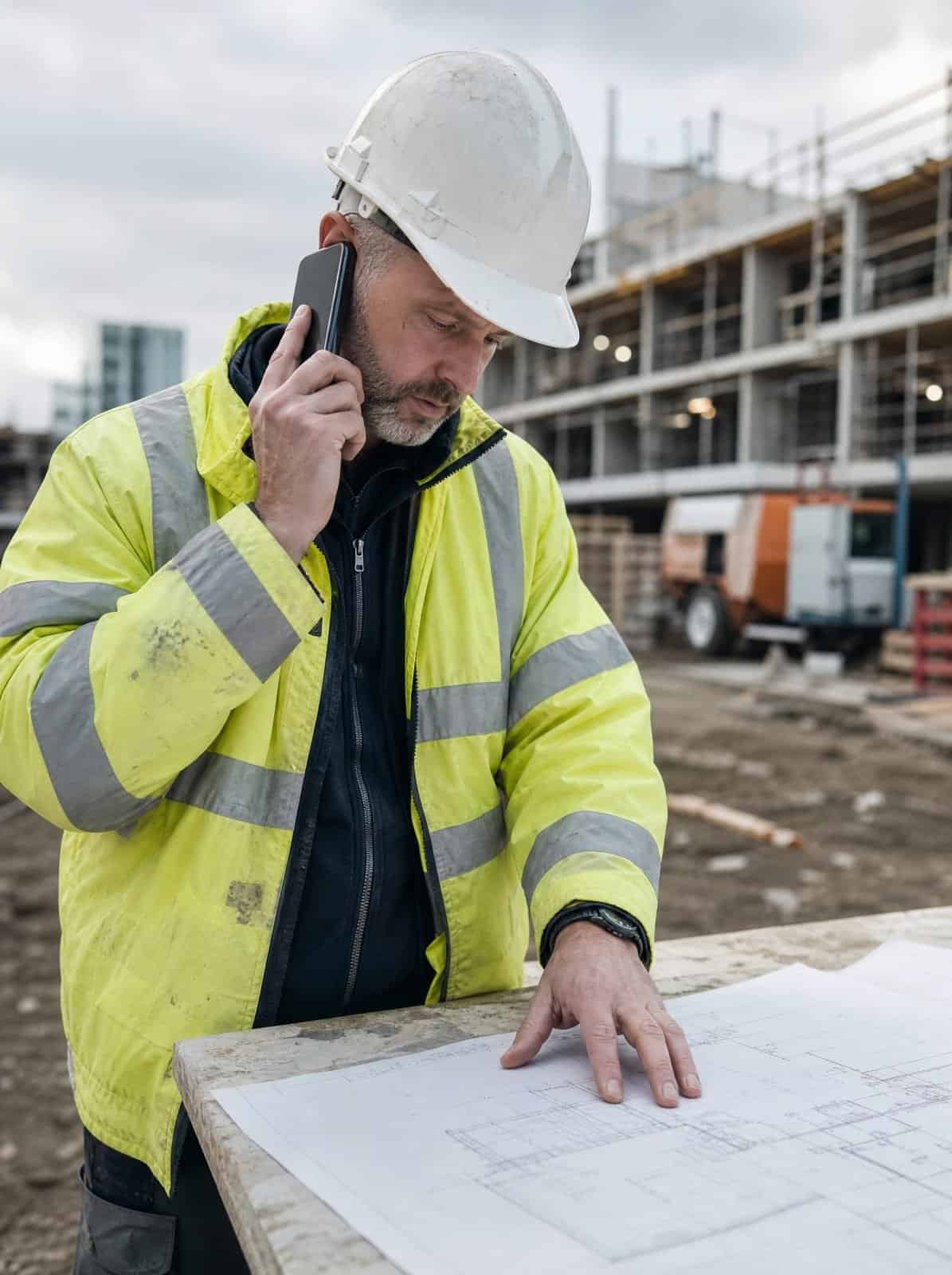 A construction site manager takes a call over site drawings