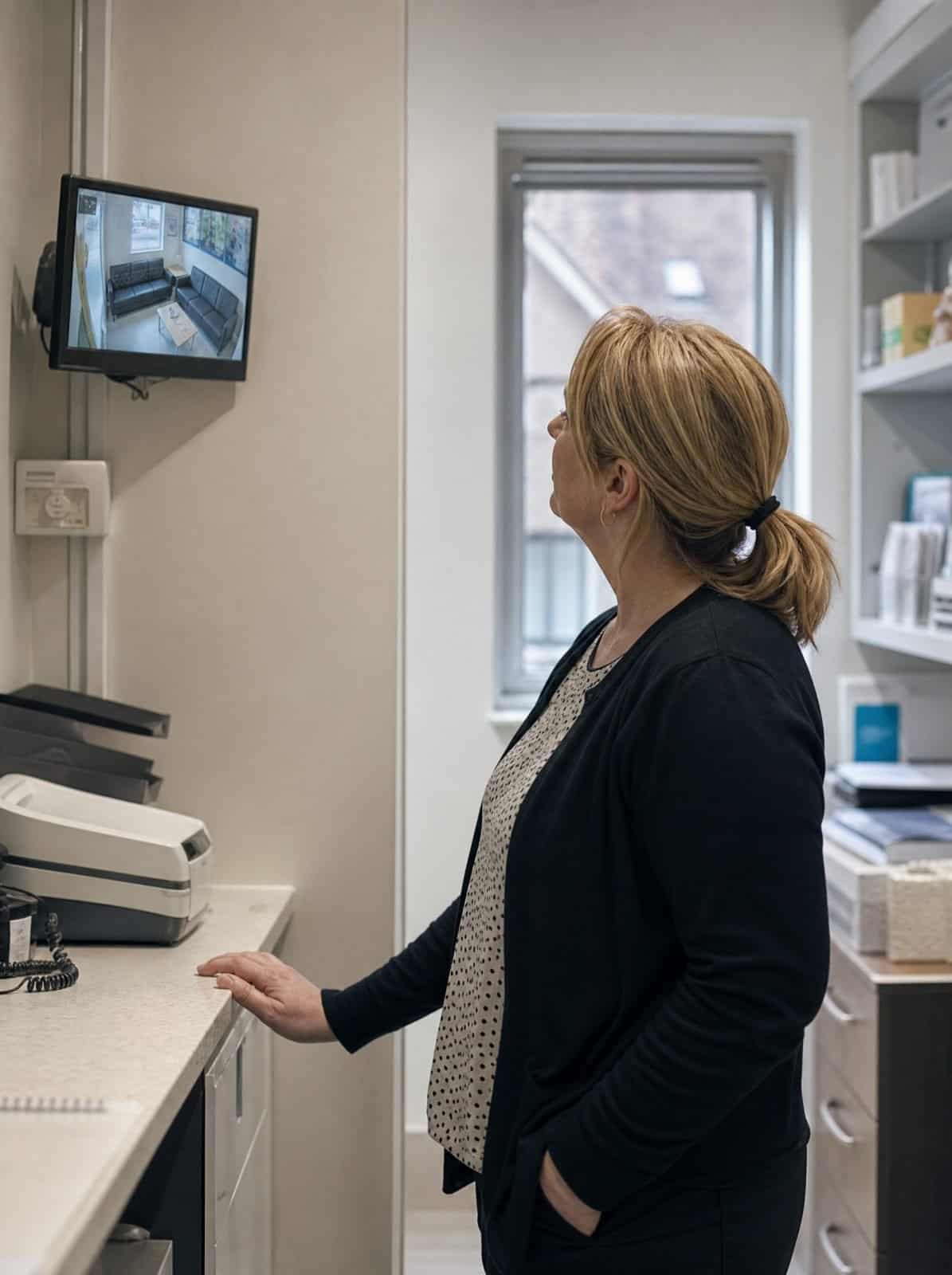 A dental practice manager checks a security camera monitor in the back office