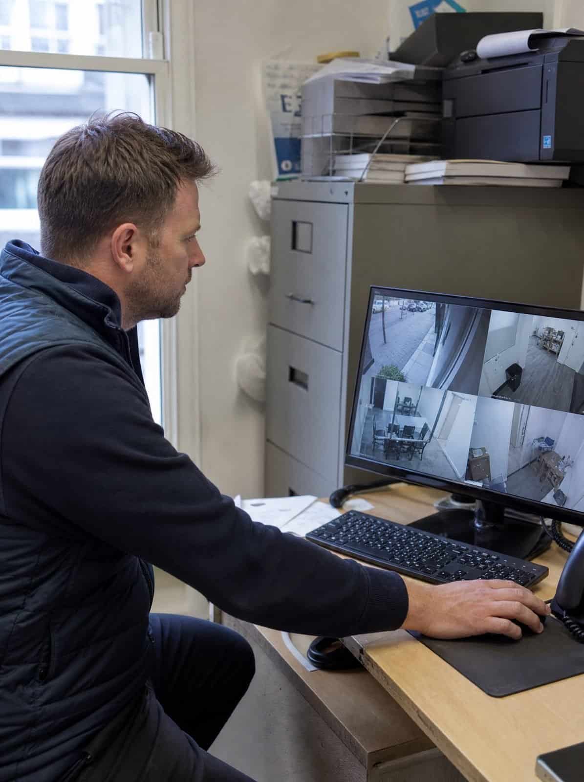 An estate agency office manager checks a security camera view