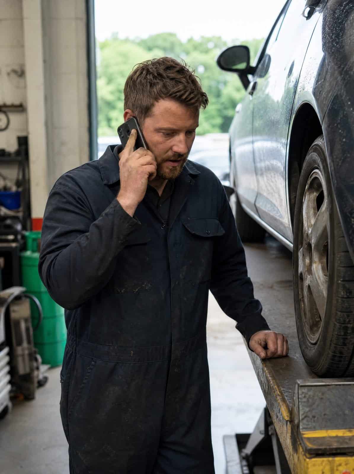 A vehicle technician takes a call in a garage workshop