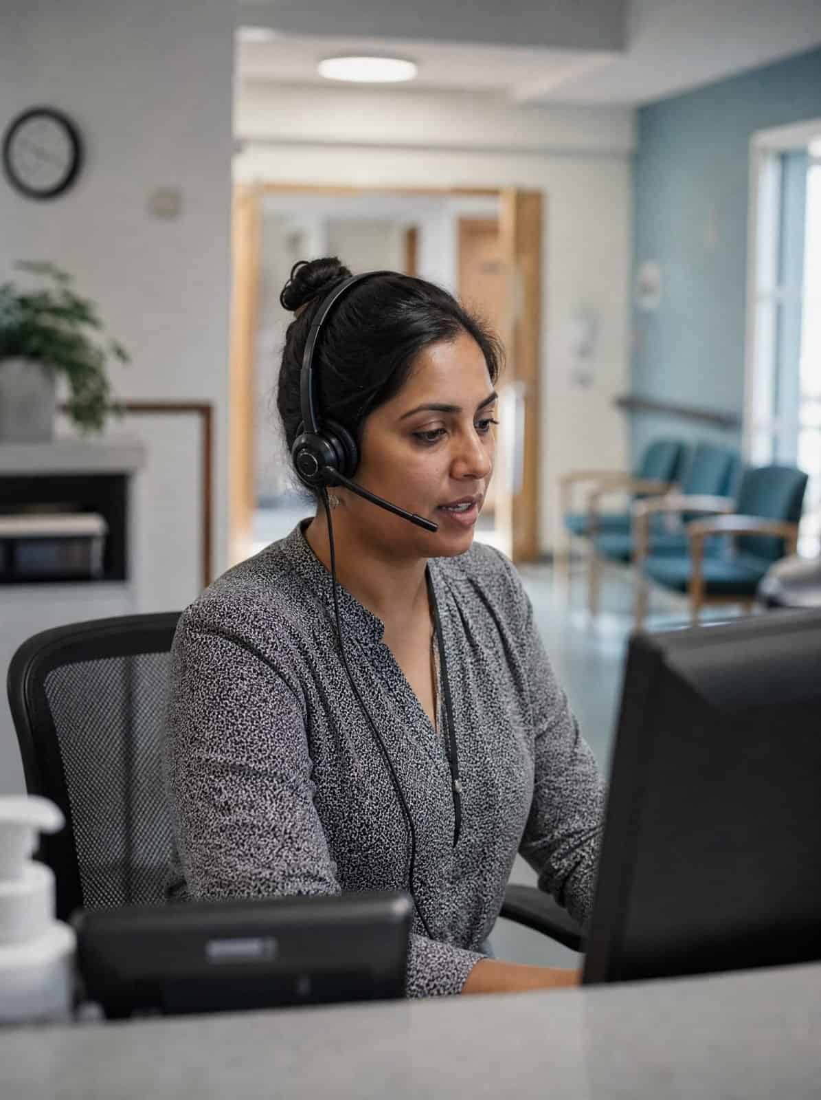 A patient services coordinator directs a call at a clinic desk