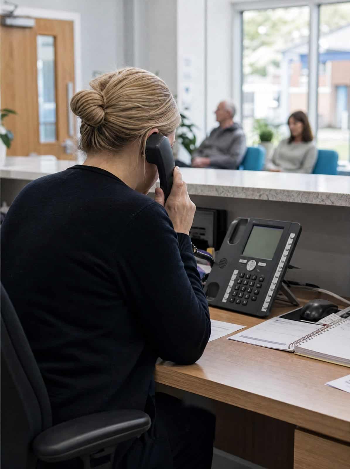 A healthcare administrator checks messages at a clinic reception desk