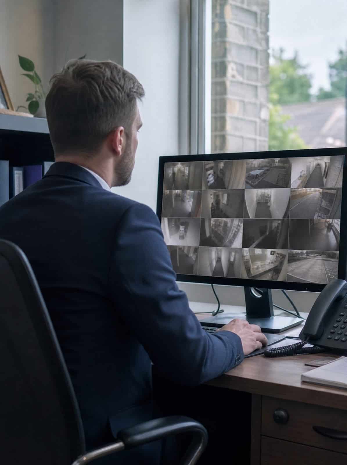 A hotel duty manager checks security camera views in the staff office
