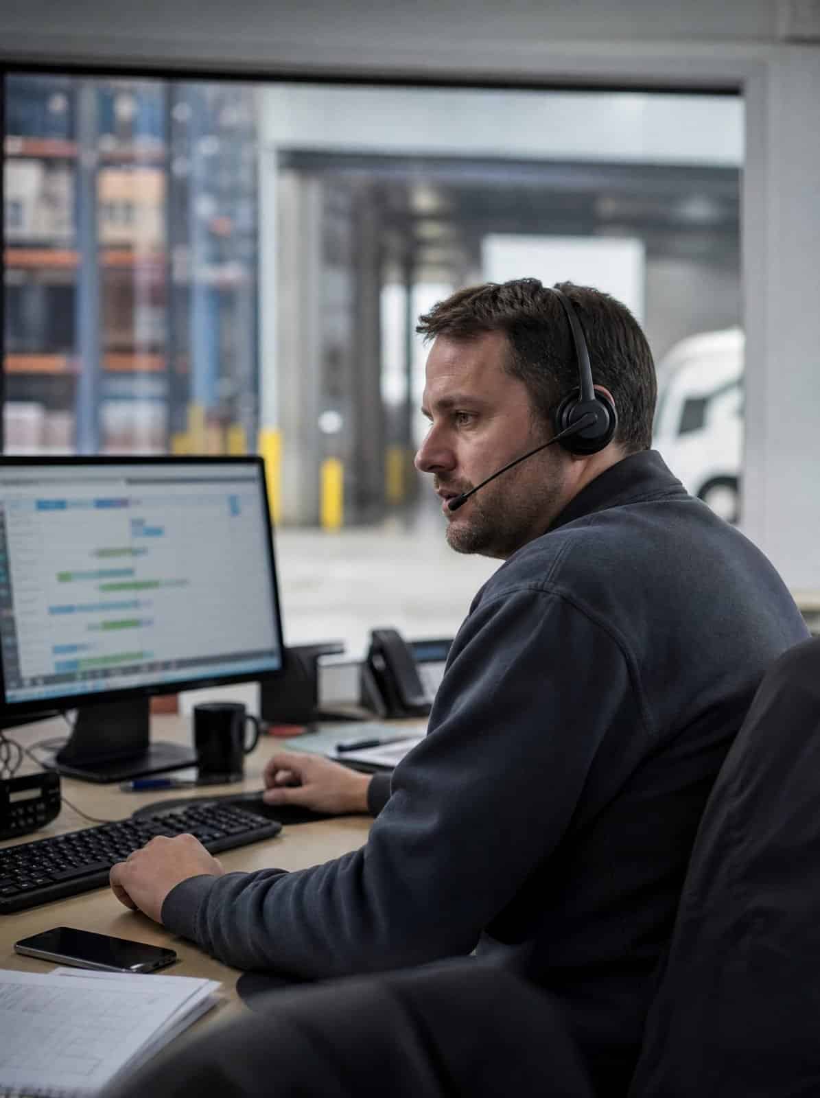A transport coordinator takes a call in a logistics office