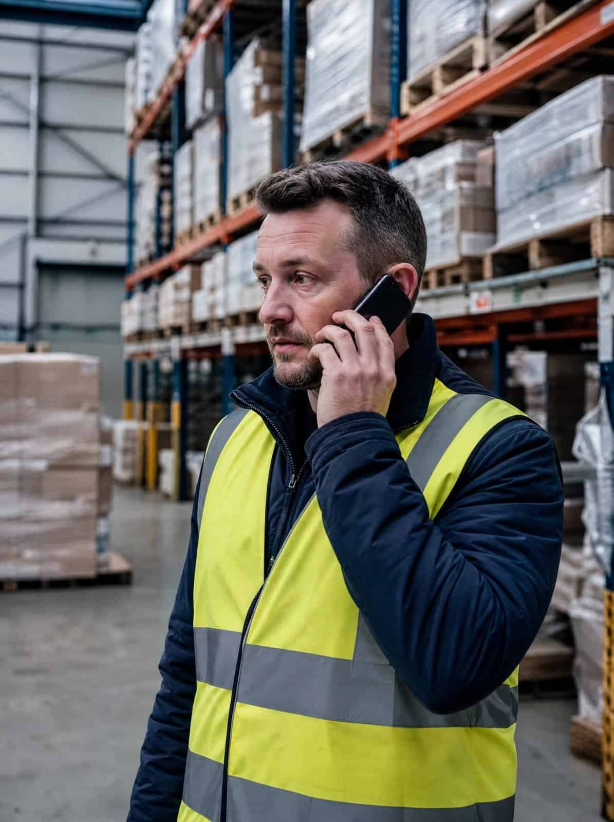 A warehouse supervisor takes a call inside a distribution centre