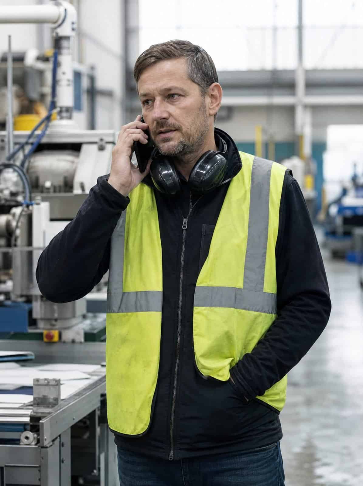 A production supervisor takes a call on the factory floor