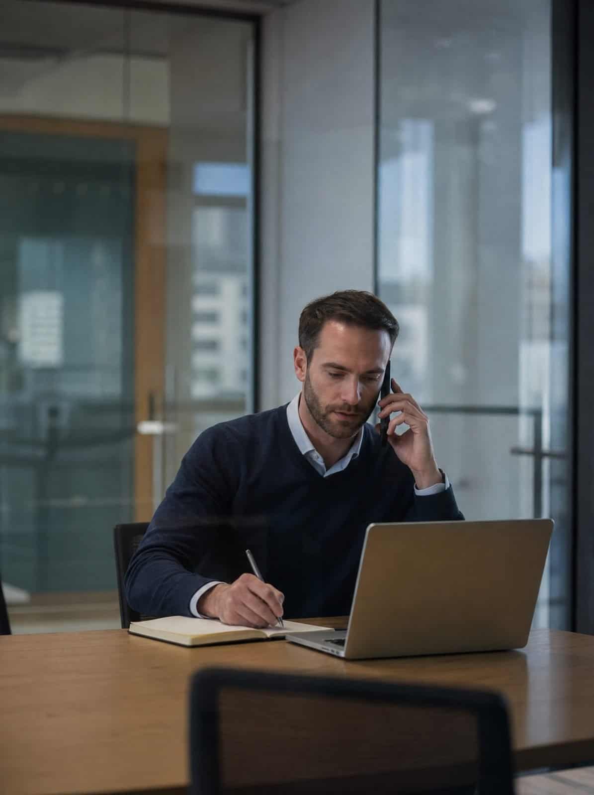 An adviser takes a client call in a meeting room at a professional firm