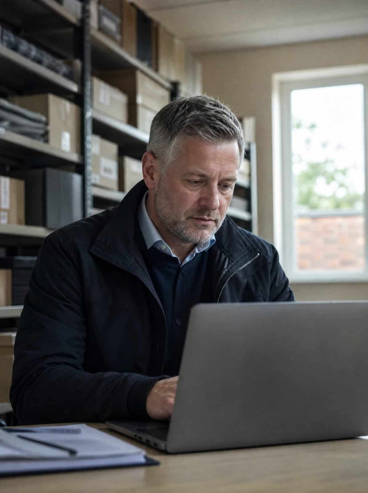 A retail area manager reviews store information on a laptop