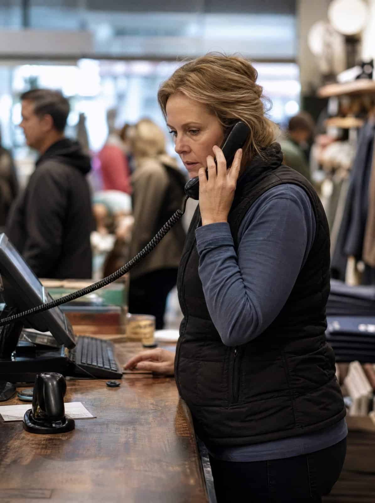 A shop manager takes a phone call behind the retail counter