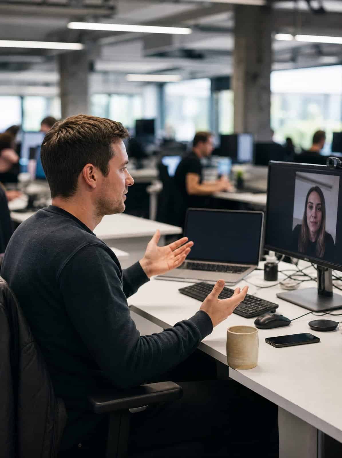 A software engineer takes a video call in a technology office