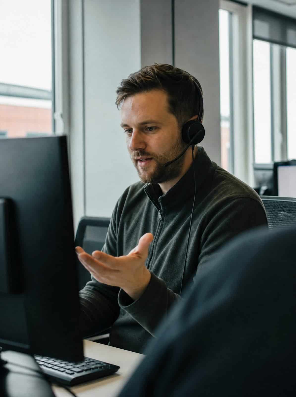 A customer success engineer helps a client from his desk