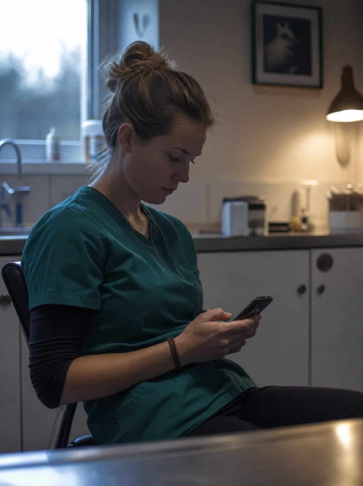 A veterinary nurse checks a phone in a quiet practice during the evening