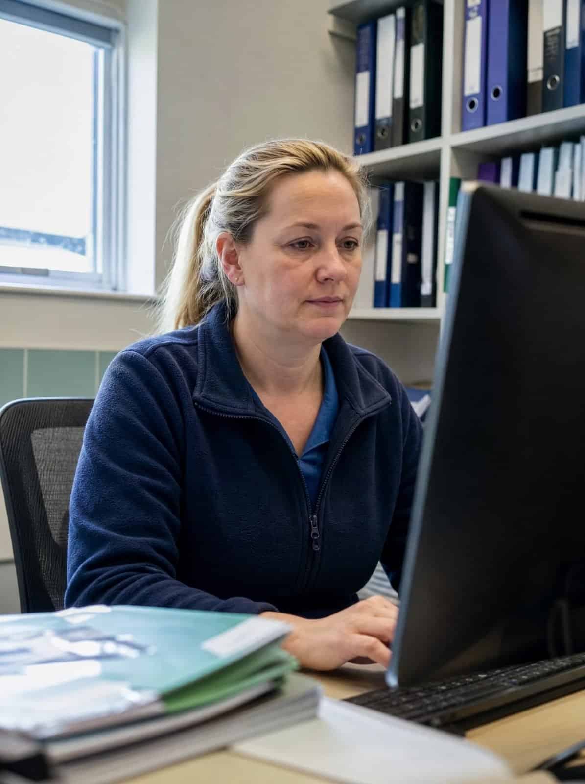 A veterinary practice manager works at a computer in the practice office
