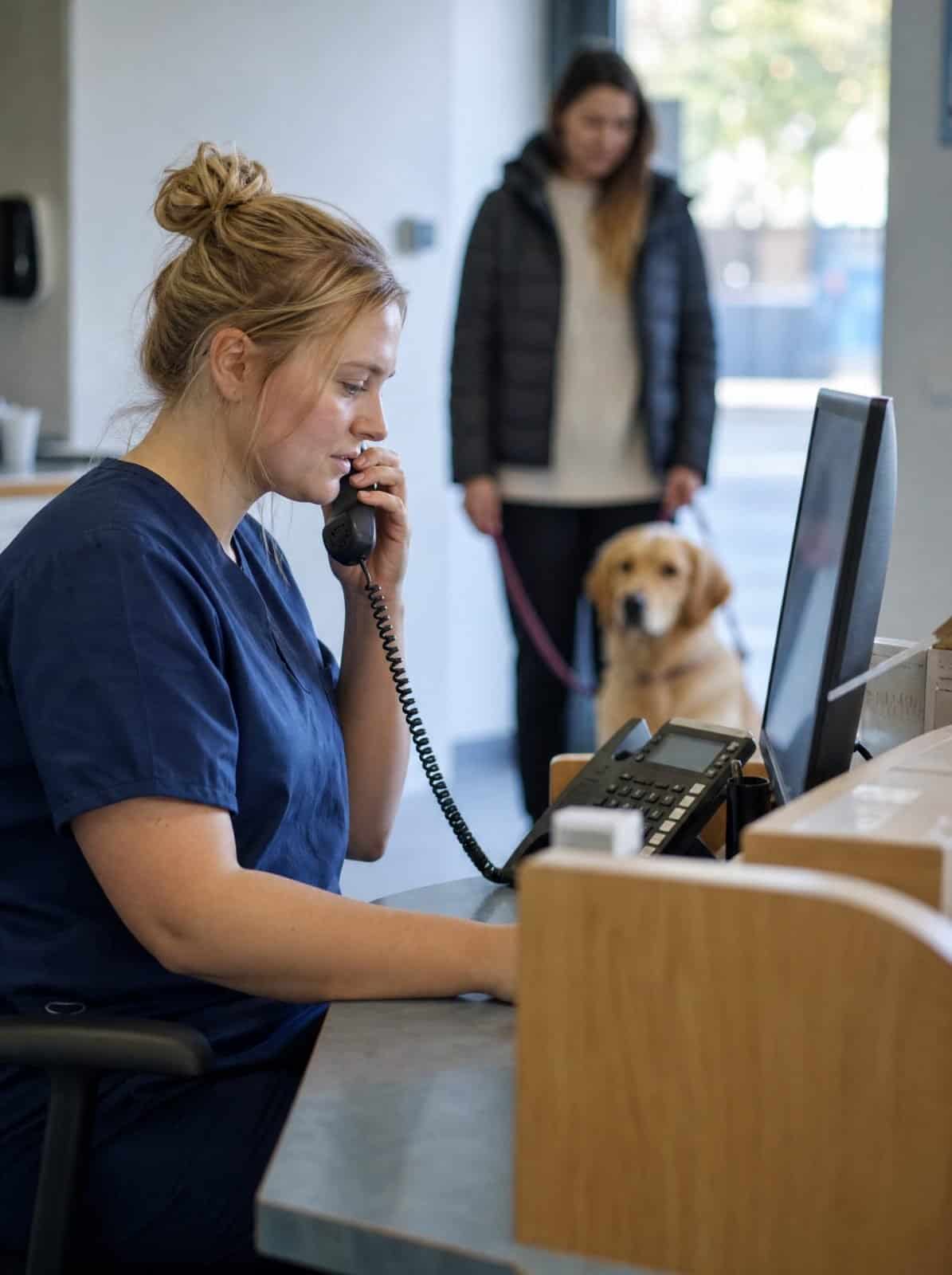 A veterinary receptionist answers a call while a dog waits with its owner