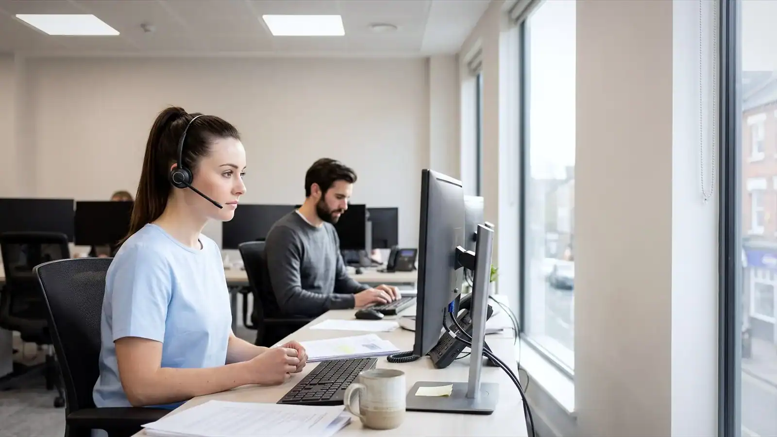 A woman on a headset video call and a colleague working at desks in a small open-plan UK office