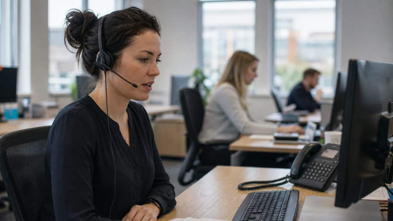 A woman wearing a headset taking a call at her desk in a UK office